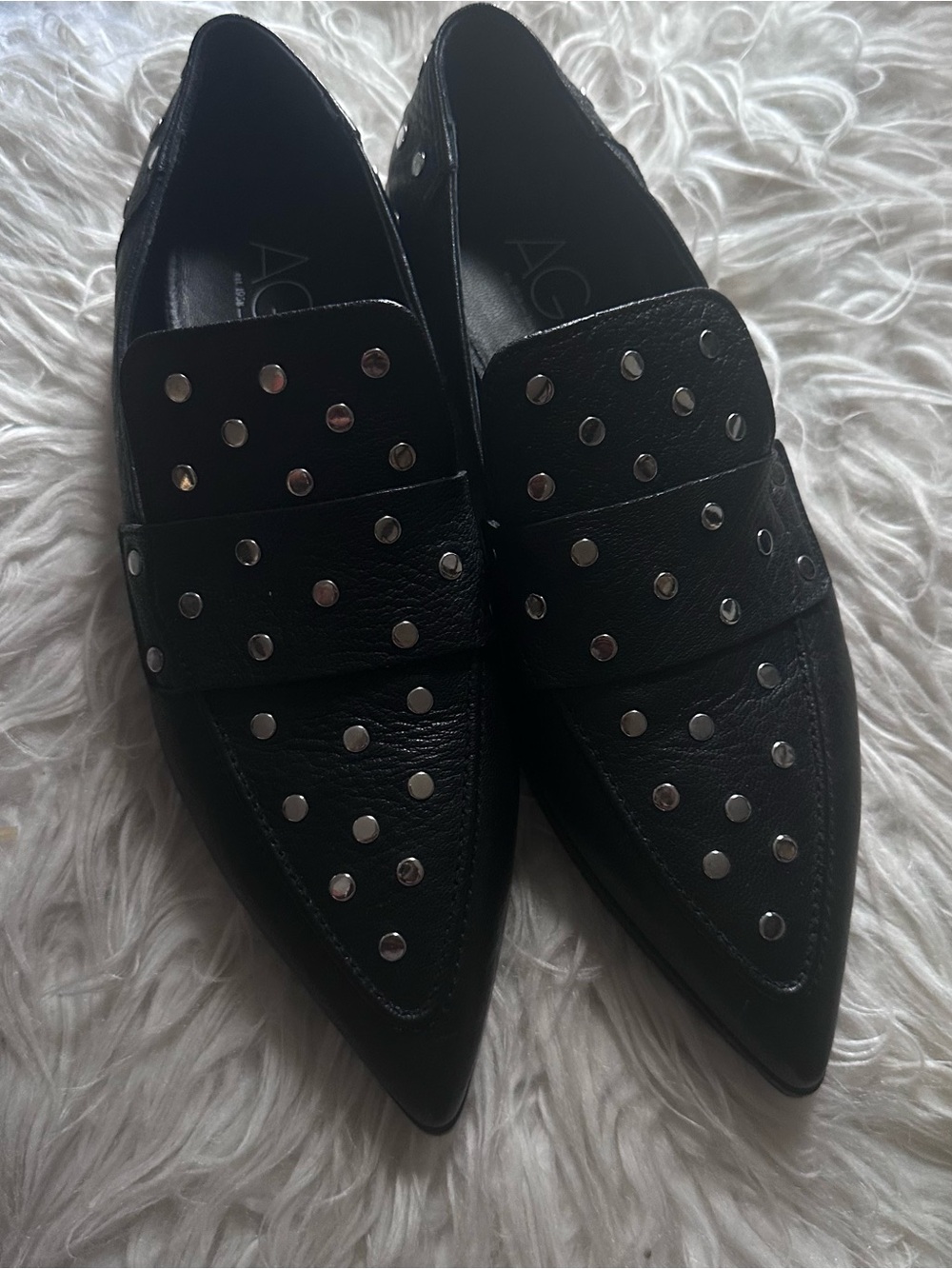 AGL Black Leather Pointed Loafers with Silver Studs